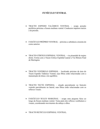 FUNÍCULO VENTRAL




•   TRACTO ESPINHO TALÂMICO VENTRAL – ocupa posição
    periférica próxima a fissura mediana ventral. Conduzem impulsos tácteis
    e de pressão.




•   FASCÍCULO PRÓPRIO VENTRAL – próxima a substância cinzenta do
    corno anterior.




•   TRACTO CÓRTICO ESPINHAL VENTRAL – via piramidal de trajeto
    direto. Forma com o Tracto Córtico Espinhal Lateral a Via Motora Final
    de Sherington.




•   TRACTO VESTIBULO ESPINHAL – localizado próximo da área do
    Tracto Espinho Talâmico Ventral, suas fibras estão relacionadas com a
    manutenção do tônus e do equilíbrio.



•   TRACTO TECTO ESPINHAL – situado parcialmente no funículo
    ventrale parcialmente no lateral, suas fibras estão relacionadas com os
    reflexos visuais.



•   FASCÍCULO SULCO MARGINAL – ocupa uma pequena faixa ao
    longo da fissura mediana ventral. Toma parte dos reflexos vestibulares e
    visuais, coordenando movimentos da cabeça e olhos.



•   TRACTO RETICULO ESPINHAL VENTRAL.
 