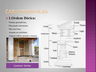  1.Ordem Dórica:
o Formas geométricas,
o Decoração inexistente,
o Não tem base,
o Assenta no estilobato,
o Aspecto sóbrio, pesado e maciço,
Carácter Similar
 