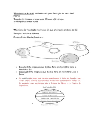 *Movimento de Rotação: movimento em que a Terra gira em torno de si
mesma.
*Duração: 24 horas ou precisamente 23 horas e 56 minutos
*Consequência: dias e noites
*Movimento de Translação: movimento em que a Terra gira em torno do Sol
*Duração: 365 dias e 06 horas
Consequência: 04 estações do ano
Equador: linha imaginária que divide a Terra em Hemisfério Norte e
Hemisfério Sul
Greenwich: linha imaginária que divide a Terra em Hemisfério Leste e
Oeste
Os paralelos são linhas que passam paralelamente à Linha do Equador, que
“corta” a Terra ao meio, ocasionando a divisão entre os hemisférios norte e sul.
Os paralelos mais conhecidos são o Trópico de Câncer e o Trópico de
Capricórnio.
Os paralelos mais conhecidos
 