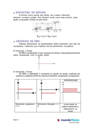 Página 2
com Prof. Vasco
3. ENCONTRO DE MÓVEIS
O encontro ocorre quando dois móveis, sob o mesmo referencial,
estiverem na mesma posição. Para descobrir aonde ocorre esse encontro, basta
igualar as equações horárias de cada móvel.
SoA+ vA.t = SoB + vB.t
4. GRÁFICOS DE MRU
Gráficos demonstram as características deste movimento num eixo de
coordenadas. Lembrando que a trajetória não fica demonstrada nos gráficos.
B Aceleração x Tempo
No MRU a aceleração é nula no passar do tempo, então graficamente fica
melhor representada como no gráfico abaixo.
B Velocidade x Tempo
No MRU a velocidade é constante no passar do tempo, podendo ser
positiva ou negativa conforme o tipo de movimento, progressivo ouregressivo.
PROPRIEDADE
Movimento progressivo –
v > 0
Movimento retrógrado – v <
0
A área abaixo do
gráfico representa o
deslocamento do
móvel.
 