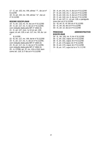 17 - C, art. 102, inc. VIII, alínea " f" , da Lei nº        26 - A, art. 141, inc. II, da Lei nº 8.112/90
8.112/90                                                    27 - D, art. 142, inc. I , da Lei nº 8.112/90
18 - D, art. 102, inc. VIII, alínea " b ", da Lei           28 - D, art. 142, inc. II, da Lei nº 8.112/90
nº 8.112/90                                                 29 - C, art. 142, inc. II, da Lei nº 8.112/90
                                                            30 - C, art. 127, V , c/c art. 135, e parágrafo
REGIME DISCIPLINAR                                          único da Lei nº 8.112/90
19 - A, art. 116, inc. IV, da Lei nº 8.112/90               31 – B, art. 5º, VI, da Lei nº 8.112/90
20 - A, art. 117, inc. X, da Lei nº 8.112/90,               32 – E, art. 20, da Lei nº 8.112/90
com redação dada pela MP nº 1964-31                         33 – E, art. 12, da Lei nº 8.112/90
21 - E, art. 127, incs. I a VI c/c art. 130,
caput, c/c art. 129, e art. 117, inc. VII, da Lei           PROCESSO                        ADMINISTRATIVO
nº                                                          DISCIPLINAR
     8.112/90                                               34 - A , art. 145, inc. II, lei nº 8.112/90
22 - B, art. 117, inc. VIII, da lei nº 8.112/90             35 - C, art. 152, caput, lei nº 8.112/90
23 - E, art. 117, inc. X, da Lei nº 8.112/90,               36 - E, art. 161, caput, lei nº 8.112/90
com redação dada pela MP nº 1964-31                         37 - A, art. 174,caput, lei nº 8.112/90
24 - B, art. 117, inc. X, da Lei nº 8.112/90,               38 - D, art. 174, caput, lei nº 8.112/90
com redação dada pela MP nº 1964-31                         39 - B, art. 147, caput da lei nº 8.112/90
25 - A, CF/88, art. 37, inc. XVI e XVII; bem
como art. 118, § 1º da Lei nº 8.112/90




                                                       49
 