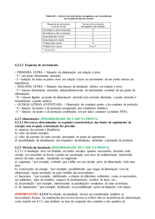 4.2.2.2 Esquema de aterramento
- PRIMEIRA LETRA = Situação da alimentação em relação à terra:
· T = um ponto diretamente aterrado;
· I = isolação de todas as partes vivas em relação à terra ou aterramento de um ponto através de
impedância;
- SEGUNDA LETRA = Situação das massas da instalação elétrica em relação à terra:
· T = massas diretamente aterradas, independentemente do aterramento eventual de um ponto da
alimentação;
· N = massas ligadas ao ponto da alimentação aterrado (em corrente alternada, o ponto aterrado é
normalmente o ponto neutro);
- OUTRAS LETRAS (EVENTUAIS) = Disposição do condutor neutro e do condutor de proteção:
· S = funções de neutro e de proteção asseguradas por condutores distintos;
· C = funções de neutro e de proteção combinadas em um único condutor (condutor PEN).
4.2.3 Alimentações (POSSIBILIDADE DE CAIR NA PROVA)
4.2.3.1 Devemser determinadas as seguintes características das fontes de suprimento de
energia com as quais a instalação for provida:
a) natureza da corrente e freqüência;
b) valor da tensão nominal;
c) valor da corrente de curto-circuito presumida no ponto de suprimento;
d) possibilidade de atendimento dos requisitos da instalação, incluindo a demanda de potência.
4.2.5 Divisão da instalação (POSSIBILIDADE DE CAIR NA PROVA)
4.2.5.1 A instalação deve ser dividida em tantos circuitos quantos necessários, devendo cada
circuito ser concebido de forma a poder ser seccionado sem risco de realimentação inadvertida
através de outro circuito. Atendendo as exigências:
a) segurança ² por exemplo, evitando que a falha em um circuito prive de alimentação toda uma
área;
b) conservação de energia ² por exemplo, possibilitando que cargas de iluminação e/ou de
climatização sejam acionadas na justa medida das necessidades;
c) funcionais ² por exemplo, viabilizando a criação de diferentes ambientes, como os necessários
em auditórios, salas de reuniões, espaços de demonstração, recintos de lazer, etc.;
d) de produção ² por exemplo, minimizando as paralisações resultantes de uma ocorrência;
e) de manutenção ² por exemplo, facilitando ou possibilitando ações de inspeção e de reparo.
(IMPORTANTE) 4.2.5.4 Na divisão da instalação devem ser consideradas também as
necessidades futuras. As ampliações previsíveis devem se refletir não só na potência de alimentação,
como tratado em 4.2.1, mas também na taxa de ocupação dos condutos e dos quadros de
 