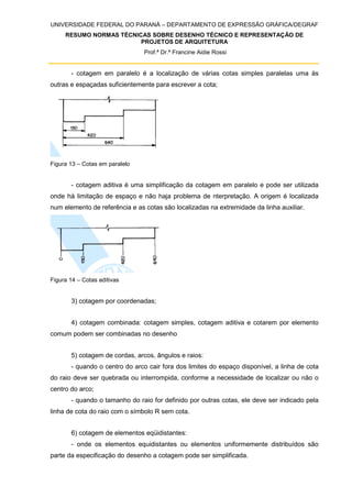 UNIVERSIDADE FEDERAL DO PARANÁ – DEPARTAMENTO DE EXPRESSÃO GRÁFICA/DEGRAF
RESUMO NORMAS TÉCNICAS SOBRE DESENHO TÉCNICO E REPRESENTAÇÃO DE
PROJETOS DE ARQUITETURA
Prof.ª Dr.ª Francine Aidie Rossi
- cotagem em paralelo é a localização de várias cotas simples paralelas uma às
outras e espaçadas suficientemente para escrever a cota;
Figura 13 – Cotas em paralelo
- cotagem aditiva é uma simplificação da cotagem em paralelo e pode ser utilizada
onde há limitação de espaço e não haja problema de nterpretação. A origem é localizada
num elemento de referência e as cotas são localizadas na extremidade da linha auxiliar.
Figura 14 – Cotas aditivas
3) cotagem por coordenadas;
4) cotagem combinada: cotagem simples, cotagem aditiva e cotarem por elemento
comum podem ser combinadas no desenho
5) cotagem de cordas, arcos, ângulos e raios:
- quando o centro do arco cair fora dos limites do espaço disponível, a linha de cota
do raio deve ser quebrada ou interrompida, conforme a necessidade de localizar ou não o
centro do arco;
- quando o tamanho do raio for definido por outras cotas, ele deve ser indicado pela
linha de cota do raio com o símbolo R sem cota.
6) cotagem de elementos eqüidistantes:
- onde os elementos equidistantes ou elementos uniformemente distribuídos são
parte da especificação do desenho a cotagem pode ser simplificada.
 