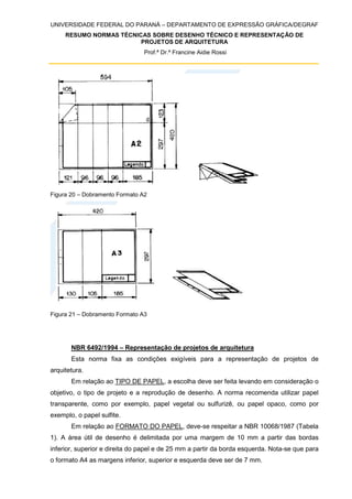 UNIVERSIDADE FEDERAL DO PARANÁ – DEPARTAMENTO DE EXPRESSÃO GRÁFICA/DEGRAF
RESUMO NORMAS TÉCNICAS SOBRE DESENHO TÉCNICO E REPRESENTAÇÃO DE
PROJETOS DE ARQUITETURA
Prof.ª Dr.ª Francine Aidie Rossi
Figura 20 – Dobramento Formato A2
Figura 21 – Dobramento Formato A3
NBR 6492/1994 – Representação de projetos de arquitetura
Esta norma fixa as condições exigíveis para a representação de projetos de
arquitetura.
Em relação ao TIPO DE PAPEL, a escolha deve ser feita levando em consideração o
objetivo, o tipo de projeto e a reprodução de desenho. A norma recomenda utilizar papel
transparente, como por exemplo, papel vegetal ou sulfurizê, ou papel opaco, como por
exemplo, o papel sulfite.
Em relação ao FORMATO DO PAPEL, deve-se respeitar a NBR 10068/1987 (Tabela
1). A área útil de desenho é delimitada por uma margem de 10 mm a partir das bordas
inferior, superior e direita do papel e de 25 mm a partir da borda esquerda. Nota-se que para
o formato A4 as margens inferior, superior e esquerda deve ser de 7 mm.
 