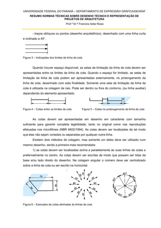 UNIVERSIDADE FEDERAL DO PARANÁ – DEPARTAMENTO DE EXPRESSÃO GRÁFICA/DEGRAF
RESUMO NORMAS TÉCNICAS SOBRE DESENHO TÉCNICO E REPRESENTAÇÃO DE
PROJETOS DE ARQUITETURA
Prof.ª Dr.ª Francine Aidie Rossi
- traços oblíquos ou pontos (desenho arquitetônico), desenhado com uma linha curta
e inclinado a 45°.
Figura 3 – Indicações dos limites de linha de cota
Quando houver espaço disponível, as setas de limitação da linha de cota devem ser
apresentadas entre os limites da linha de cota. Quando o espaço for limitado, as setas de
limitação da linha de cota podem ser apresentadas externamente, no prolongamento da
linha de cota, desenhado com esta finalidade. Somente uma seta de limitação da linha de
cota é utilizada na cotagem de raio. Pode ser dentro ou fora do contorno, (ou linha auxiliar)
dependendo do elemento apresentado.
Figura 4 – Cotas entre os limites de cota Figura 5 – Cotas no prolongamento da linha de cota
As cotas devem ser apresentadas em desenho em caracteres com tamanho
suficiente para garantir completa legibilidade, tanto no original como nas reproduções
efetuadas nos microfilmes (NBR 8402/1994). As cotas devem ser localizadas de tal modo
que elas não sejam cortadas ou separadas por qualquer outra linha.
Existem dois métodos de cotagem, mas somente um deles deve ser utilizado num
mesmo desenho, sendo a primeira mais recomendada:
1) as cotas devem ser localizadas acima e paralelamente às suas linhas de cotas e
preferivelmente no centro. As cotas devem ser escritas de modo que possam ser lidas da
base e/ou lado direito do desenho. Na cotagem angular o número deve ser centralizado
sobre a linha de cota ou ser escrito na horizontal.
Figura 6 – Exemplos de cotas alinhadas às linhas de cota
 