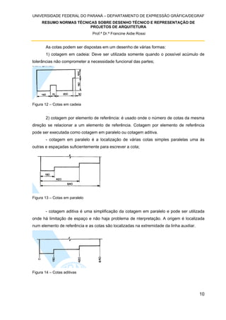 UNIVERSIDADE FEDERAL DO PARANÁ – DEPARTAMENTO DE EXPRESSÃO GRÁFICA/DEGRAF
RESUMO NORMAS TÉCNICAS SOBRE DESENHO TÉCNICO E REPRESENTAÇÃO DE
PROJETOS DE ARQUITETURA
Prof.ª Dr.ª Francine Aidie Rossi
10
As cotas podem ser dispostas em um desenho de várias formas:
1) cotagem em cadeia: Deve ser utilizada somente quando o possível acúmulo de
tolerâncias não comprometer a necessidade funcional das partes;
Figura 12 – Cotas em cadeia
2) cotagem por elemento de referência: é usado onde o número de cotas da mesma
direção se relacionar a um elemento de referência. Cotagem por elemento de referência
pode ser executada como cotagem em paralelo ou cotagem aditiva.
- cotagem em paralelo é a localização de várias cotas simples paralelas uma às
outras e espaçadas suficientemente para escrever a cota;
Figura 13 – Cotas em paralelo
- cotagem aditiva é uma simplificação da cotagem em paralelo e pode ser utilizada
onde há limitação de espaço e não haja problema de nterpretação. A origem é localizada
num elemento de referência e as cotas são localizadas na extremidade da linha auxiliar.
Figura 14 – Cotas aditivas
 