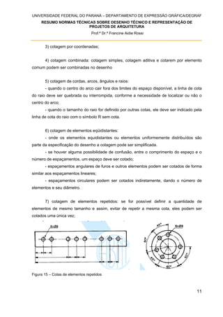 UNIVERSIDADE FEDERAL DO PARANÁ – DEPARTAMENTO DE EXPRESSÃO GRÁFICA/DEGRAF
RESUMO NORMAS TÉCNICAS SOBRE DESENHO TÉCNICO E REPRESENTAÇÃO DE
PROJETOS DE ARQUITETURA
Prof.ª Dr.ª Francine Aidie Rossi
11
3) cotagem por coordenadas;
4) cotagem combinada: cotagem simples, cotagem aditiva e cotarem por elemento
comum podem ser combinadas no desenho
5) cotagem de cordas, arcos, ângulos e raios:
- quando o centro do arco cair fora dos limites do espaço disponível, a linha de cota
do raio deve ser quebrada ou interrompida, conforme a necessidade de localizar ou não o
centro do arco;
- quando o tamanho do raio for definido por outras cotas, ele deve ser indicado pela
linha de cota do raio com o símbolo R sem cota.
6) cotagem de elementos eqüidistantes:
- onde os elementos equidistantes ou elementos uniformemente distribuídos são
parte da especificação do desenho a cotagem pode ser simplificada.
- se houver alguma possibilidade de confusão, entre o comprimento do espaço e o
número de espaçamentos, um espaço deve ser cotado;
- espaçamentos angulares de furos e outros elementos podem ser cotados de forma
similar aos espaçamentos lineares;
- espaçamentos circulares podem ser cotados indiretamente, dando o número de
elementos e seu diâmetro.
7) cotagem de elementos repetidos: se for possível definir a quantidade de
elementos de mesmo tamanho e assim, evitar de repetir a mesma cota, eles podem ser
cotados uma única vez;
Figura 15 – Cotas de elementos repetidos
 