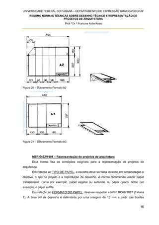 UNIVERSIDADE FEDERAL DO PARANÁ – DEPARTAMENTO DE EXPRESSÃO GRÁFICA/DEGRAF
RESUMO NORMAS TÉCNICAS SOBRE DESENHO TÉCNICO E REPRESENTAÇÃO DE
PROJETOS DE ARQUITETURA
Prof.ª Dr.ª Francine Aidie Rossi
16
Figura 20 – Dobramento Formato A2
Figura 21 – Dobramento Formato A3
NBR 6492/1994 – Representação de projetos de arquitetura
Esta norma fixa as condições exigíveis para a representação de projetos de
arquitetura.
Em relação ao TIPO DE PAPEL, a escolha deve ser feita levando em consideração o
objetivo, o tipo de projeto e a reprodução de desenho. A norma recomenda utilizar papel
transparente, como por exemplo, papel vegetal ou sulfurizê, ou papel opaco, como por
exemplo, o papel sulfite.
Em relação ao FORMATO DO PAPEL, deve-se respeitar a NBR 10068/1987 (Tabela
1). A área útil de desenho é delimitada por uma margem de 10 mm a partir das bordas
 