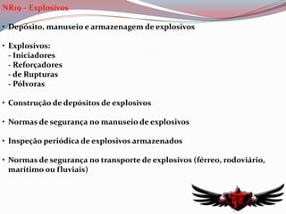 NR7 – PCMSO“Estabelece a obrigatoriedade da elaboração e implementação, por parte de todos os empregadores e instituições que admitam trabalhadores como empregados, do Programa de Controle Médico de Saúde Ocupacional.”A empresa contratante de mão-de-obra prestadora de serviços deve informar à contratada os riscos existentes no local de trabalho e colaborar na elaboração e implantação do PCMSOPrincipais Diretrizes do PCMSO:Deve estar articulado com os requisitos de saúde dispostos  nas demais NR’s
