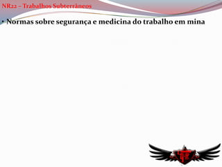 Deve ser planejado e implantado com base os riscos à saúde dos trabalhadoresNR7 – PCMSOAbertura de CAT – Comunicação de Acidente de TrabalhoQuando for constatada a ocorrência ou agravamento de doenças profissionais, caberá ao médico coordenador ou encarregado:	 - solicitar à empresa a emissão de CAT;	 - indicar o afastamento do trabalhador da exposição ao risco ou do trabalho	 - encaminhar o trabalhador à Previdência Social para estabelecimento de nexo causal	 - orientar o empregador quanto à necessidade de adoção de medidas de controle no	   ambiente de trabalhoA empresa deverá também estar equipada com material necessário à prestação de primeiros socorros, de acordo com as atividades desenvolvidas.NR8 – EdificaçõesEsta norma estabelece os seguintes requisitos:Altura de pé-direito nos ambientes de trabalho