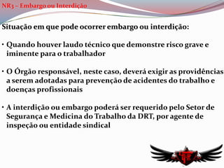 Estabelece as responsabilidades do empregador:	 - cumprir e fazer cumprir os requisitos legais sobre SST;	 - elaborar ordens de serviço;	 - dar ciência aos trabalhadores sobre os riscos profissionais;Estabelece as responsabilidades do empregado:	 - cumprir os requisitos legais sobre SST;	 - cumprir as ordens de serviço do empregador;	 - usar o EPI fornecido pelo empregador;	 - submeter-se aos exames médicos previstos;	 - colaborar com a empresa na aplicação das NR’s