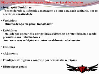 Condições de guarda-corpos	 - ter altura mínima de 0,90m	 - vãos com dimensões iguais ou inferiores a 0,12m	 - ser de material rígidoProteção contra intempéries NR9 – PPRA“Estabelece a obrigatoriedade da elaboração e implantação do Programa de Prevenção de Riscos Ambientais – PPRA, visando a preservação da saúde e da integridade dos trabalhadores, através da antecipação, reconhecimento, avaliação e conseqüente controle da ocorrência de riscos ambientais existentes ou que venham a existir no ambiente de trabalho, tendo em consideração a proteção do meio ambiente e dos recursos naturais.”Consideram-se riscos ambientais os agentes químicos, físicos e biológicos, aos quais podem estar expostos os trabalhadoresNR9 – PPRAEstrutura do PPRA (deve conter)Planejamento anual com estabelecimento de metas, prioridades e cronograma