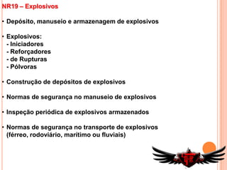 NR7 – PCMSO“Estabelece a obrigatoriedade da elaboração e implementação, por parte de todos os empregadores e instituições que admitam trabalhadores como empregados, do Programa de Controle Médico de Saúde Ocupacional.”A empresa contratante de mão-de-obra prestadora de serviços deve informar à contratada os riscos existentes no local de trabalho e colaborar na elaboração e implantação do PCMSOPrincipais Diretrizes do PCMSO:Deve estar articulado com os requisitos de saúde dispostos  nas demais NR’s