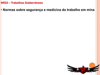 Deve ser planejado e implantado com base os riscos à saúde dos trabalhadoresNR7 – PCMSOAbertura de CAT – Comunicação de Acidente de TrabalhoQuando for constatada a ocorrência ou agravamento de doenças profissionais, caberá ao médico coordenador ou encarregado:	 - solicitar à empresa a emissão de CAT;	 - indicar o afastamento do trabalhador da exposição ao risco ou do trabalho	 - encaminhar o trabalhador à Previdência Social para estabelecimento de nexo causal	 - orientar o empregador quanto à necessidade de adoção de medidas de controle no	   ambiente de trabalhoA empresa deverá também estar equipada com material necessário à prestação de primeiros socorros, de acordo com as atividades desenvolvidas.NR8 – EdificaçõesEsta norma estabelece os seguintes requisitos:Altura de pé-direito nos ambientes de trabalho