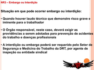 Estabelece as responsabilidades do empregador:	 - cumprir e fazer cumprir os requisitos legais sobre SST;	 - elaborar ordens de serviço;	 - dar ciência aos trabalhadores sobre os riscos profissionais;Estabelece as responsabilidades do empregado:	 - cumprir os requisitos legais sobre SST;	 - cumprir as ordens de serviço do empregador;	 - usar o EPI fornecido pelo empregador;	 - submeter-se aos exames médicos previstos;	 - colaborar com a empresa na aplicação das NR’s