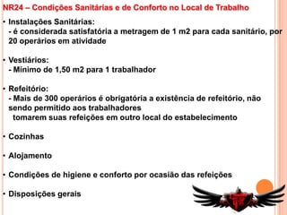 Condições de guarda-corpos	 - ter altura mínima de 0,90m	 - vãos com dimensões iguais ou inferiores a 0,12m	 - ser de material rígidoProteção contra intempéries NR9 – PPRA“Estabelece a obrigatoriedade da elaboração e implantação do Programa de Prevenção de Riscos Ambientais – PPRA, visando a preservação da saúde e da integridade dos trabalhadores, através da antecipação, reconhecimento, avaliação e conseqüente controle da ocorrência de riscos ambientais existentes ou que venham a existir no ambiente de trabalho, tendo em consideração a proteção do meio ambiente e dos recursos naturais.”Consideram-se riscos ambientais os agentes químicos, físicos e biológicos, aos quais podem estar expostos os trabalhadoresNR9 – PPRAEstrutura do PPRA (deve conter)Planejamento anual com estabelecimento de metas, prioridades e cronograma