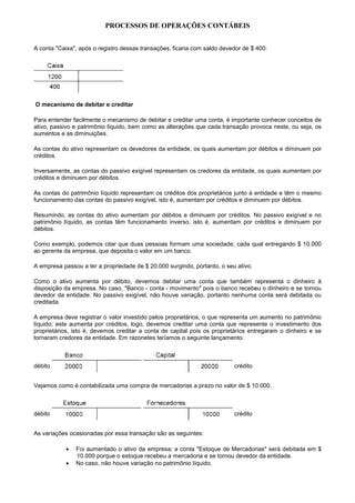 PROCESSOS DE OPERAÇÕES CONTÁBEIS


A conta "Caixa", após o registro dessas transações, ficaria com saldo devedor de $ 400:




O mecanismo de debitar e creditar

Para entender facilmente o mecanismo de debitar e creditar uma conta, é importante conhecer conceitos de
ativo, passivo e patrimônio líquido, bem como as alterações que cada transação provoca neste, ou seja, os
aumentos e as diminuições.

As contas do ativo representam os devedores da entidade, os quais aumentam por débitos e diminuem por
créditos.

Inversamente, as contas do passivo exigível representam os credores da entidade, os quais aumentam por
créditos e diminuem por débitos.

As contas do patrimônio líquido representam os créditos dos proprietários junto à entidade e têm o mesmo
funcionamento das contas do passivo exigível, isto é, aumentam por créditos e diminuem por débitos.

Resumindo, as contas do ativo aumentam por débitos e diminuem por créditos. No passivo exigível e no
patrimônio líquido, as contas têm funcionamento inverso, isto é, aumentam por créditos e diminuem por
débitos.

Como exemplo, podemos citar que duas pessoas formam uma sociedade, cada qual entregando $ 10.000
ao gerente da empresa, que deposita o valor em um banco.

A empresa passou a ter a propriedade de $ 20.000 surgindo, portanto, o seu ativo.

Como o ativo aumenta por débito, devemos debitar uma conta que também representa o dinheiro à
disposição da empresa. No caso, "Banco - conta - movimento" pois o banco recebeu o dinheiro e se tornou
devedor da entidade. No passivo exigível, não houve variação, portanto nenhuma conta será debitada ou
creditada.

A empresa deve registrar o valor investido pelos proprietários, o que representa um aumento no patrimônio
líquido; este aumenta por créditos, logo, devemos creditar uma conta que represente o investimento dos
proprietários, isto é, devemos creditar a conta de capital pois os proprietários entregaram o dinheiro e se
tornaram credores da entidade. Em razonetes teríamos o seguinte lançamento:



débito                                                                    crédito


Vejamos como é contabilizada uma compra de mercadorias a prazo no valor de $ 10.000.



débito                                                                    crédito


As variações ocasionadas por essa transação são as seguintes:

            •   Foi aumentado o ativo da empresa; a conta "Estoque de Mercadorias" será debitada em $
                10.000 porque o estoque recebeu a mercadoria e se tornou devedor da entidade.
            •   No caso, não houve variação no patrimônio líquido.
 