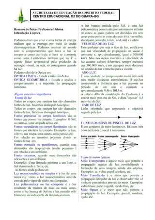 SECRETARIA DE EDUCAÇÃO DO DISTRITO FEDERAL
              CENTRO EDUCACIONAL O2 DO GUARA-GG

                                                   A luz branca emitida pelo Sol, é uma luz
Resumo de física- Professora Heloisa               policromática constituída por um número infinito
Introdução à óptica                                de cores, as quais podem ser divididas em sete
                                                   cores principais (as cores do arco íris): vermelho,
Podemos dizer que a luz é uma forma de energia     alaranjado, amarelo, verde, azul, anil e violeta.
radiante que se propaga por meio de ondas           VELOCIDADE DA LUZ
eletromagnéticas. Podemos analisar de acordo       Para qualquer que seja o tipo de luz, verifica-se
com o comportamento que hora a luz se              que sua velocidade de propagação no vácuo é
comporta como partícula e hora se comporta         constante e, aproximadamente, igual a 300.000
como onda. Lembramos também que luz É o            km/s. Mas nos meios materiais a velocidade da
agente físico responsável pela produção da         luz assume valores diferentes, sempre menores
sensação visual, ou seja, só enxergamos quando     que 300.000 km/s, e em qualquer meio decresce
há luz.                                            no sentido da luz vermelha para a violeta.
Podemos dividir a Óptica em:                        ANO-LUZ
ÓPTICA FÍSICA - Estuda a natureza da luz.          É uma unidade de comprimento muito utilizada
ÓPTICA GEOMÉTRICA - Estuda e analisa o             para medir distâncias astronômicas. O ano-luz
comportamento e a trajetória da propagação         corresponde a distância que a luz percorre no
luminosa.                                          período de um ano e equivale a
                                                   aproximadamente 9,46 x 1015 m.
Alguns conceitos importantes                       A estrela Alfa da constelação do Centauro é a
 Fontes de luz                                     estrela mais próxima do Sol, e dista "apenas" 4,3
Todos os corpos que emitem luz são chamados        anos-luz do Sol.
fontes de luz. Podemos distinguir dois tipos:       RAIO DE LUZ
Todos os corpos que emitem luz são chamados        Linha orientada que representa a trajetória
fontes de luz. Podemos distinguir dois tipos:      seguida pela luz.
Fontes primárias ou corpos luminosos são as
fontes que possui luz própria. Exemplos: O Sol,
as estrelas, uma lâmpada acesa, etc.               FEIXE LUMINOSO OU PINCEL DE LUZ
Fontes secundárias ou corpos iluminados são as     É um conjunto de raios luminosos. Existem três
fontes que não têm luz própria. Exemplos: a Lua,   tipos de feixes ( pincel ) luminosos.
o livro, sua roupa, uma caneta, uma parede, etc.
Em relação ao tamanho podemos dividir as
fontes de luz em:
Fontes pontuais ou puntiformes, quando suas
dimensões são desprezíveis (muito pequenas )
em relação a um ambiente.
Fontes extensas, quando suas dimensões são
                                                   Tipos de meios ópticos
relevantes a um ambiente.
                                                   Meio Transparente é aquele meio que permite a
Exemplos: Uma lâmpada próxima a um livro, o
                                                   propagação regular da luz possibilitando a
Sol iluminando a Terra, etc.
                                                   formação de uma imagem nítida dos objetos.
 As fontes ainda podem ser:
                                                   Exemplos: ar, vidro, papel celofane, etc.
Luz monocromática ou simples é a luz de uma
                                                   Meio Translúcido é o meio que permite a
única cor, como a luz monocromática amarela
                                                   propagação irregular da luz e observador não vê
emitida pelo vapor de sódio, nas lâmpadas.
                                                   o objeto com nitidez através do meio. Exemplos:
Luz policromática ou luz composta é a luz
                                                   vidro fosco, papel vegetal, tecido fino, etc.
resultante da mistura de duas ou mais cores,
                                                   Meio Opaco é o meio que não permite a
como a luz branca do Sol ou a luz emitida pelo
                                                   propagação da luz. Exemplos: parede, madeira,
filamento incandescente da lâmpada comum.
                                                   tijolo, etc.
 