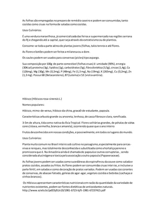 As folhassãoempregadasnopreparode remédiocaseiroe podemserconsumidas,tanto
cozidascomo cruas na formade saladascomocozidas.
Usos Culinários:
É uma verduramaravilhosa,jácomercializadadasfeirase supermercadonasregiõesserrana
do Rj e chegandoaté a capital,quersejaatravésdoextrativismooude plantios.
Consome-se todaaparte aéreade plantasjovens (folhas,talostenrose até flores.
As florese botõespodemserfeitosamilanesaoua dore.
Os caulespodemserusadospara conservas(picles) tipoaspargo.
Sua composiçãopor100g de parte comestível (folhascruas) é:umidade (90%),energia
(30Kcal) proteína (3g),lipídios(1g),carboidratos(5g),fibradietética(3,5g),cinzas(1,4g),Ca
(126mg), Mg (30g),Mn (0,2mg),P (48mg),Fe (1,3 mg),Na (19mg),K (265mg), Cu (0,2mg),Zn
(1,3 mg).Possui 68 (Betacaroteno),87(Luteína) e 53 (violaxantina).
Hibisco(Hibiscosrosa-sinensisL.)
Nomespopulares:
Hibisco,mimo-de-venus,hibisco-da-china,graxa0-de-estudante,papoula.
Característicasarbustogrande ouarvoreta,lenhosa,de casca fibrosae clara,ramificada.
3-5m de altura,tidacomo nativada ÁsiaTropical.Floressolitáriasgrandes,de pétalasde várias
cores(rósea,vermelha,brancae amarela),ocorrendoquase que oanointeiro
Frutosdesconhecidosemnossascondições,e possivelmente,emtodososlugaresdomundo.
Usos Culinários:
Plantamuitocomumno Brasil inteirosob cultivonopaisagismo,especialmente paracercas-
vivase renques,mas totalmente desconhecidae subutilizadacomoahortaliçaperene e
promissoraque é.Na Amazôniaaindaé chamadade papoulae outrascorruptelas , sendo
consideradaalucinógenae toxicapelaassociaçãoaoutra papoula(Papaveraceae).
As folhasjovenspodemserusadascomosucedâneasdoespinafreoudacouve como saladae
pratos cozidos,assadosoufritos.Asflorespodemserconsumidascruasinteiras,e inclusive a
parte fértil,emsaladase como decoraçãode pratos variados.Podemserusadascoocorantes
de conservas,de abacaxi fatiado,geleiasde agar-agar,vegetaiscozidose bebidas(cachaçase
vinhosbrancos).
Os Hibiscusapresentam característicasnutricionaisemrazãoda quantidade davariedade de
nutrientesexistentes, podemserfontesdietéticasde antioxidantesnaturais.
http://www.scielo.br/pdf/bjft/v19/1981-6723-bjft-1981-67237415.pdf
 