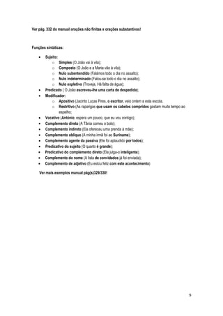 Ver pág. 332 do manual orações não finitas e orações substantivas!



Funções sintáticas:

        Sujeito:
            o Simples (O João vai à vila);
            o Composto (O João e a Maria vão à vila);
            o Nulo subentendido (Falámos todo o dia no assalto);
            o Nulo indeterminado (Falou-se todo o dia no assalto);
            o Nulo expletivo (Troveja, Há falta de água);
        Predicado ( O João escreveu-lhe uma carta de despedida);
        Modificador:
            o Apositivo (Jacinto Lucas Pires, o escritor, veio ontem a esta escola.
            o Restritivo (As raparigas que usam os cabelos compridos gastam muito tempo ao
                 espelho;
        Vocativo (António, espera um pouco, que eu vou contigo);
        Complemento direto (A Tânia comeu o bolo);
        Complemento indireto (Ela ofereceu uma prenda à mãe);
        Complemento oblíquo (A minha irmã foi ao Suriname);
        Complemento agente da passiva (Ele foi aplaudido por todos);
        Predicativo do sujeito (O quarto é grande);
        Predicativo do complemento direto (Ela julga-o inteligente);
        Complemento do nome (A lista de convidados já foi enviada);
        Complemento de adjetivo (Eu estou feliz com este acontecimento)

    Ver mais exemplos manual pág(s)329/330!




                                                                                             9
 