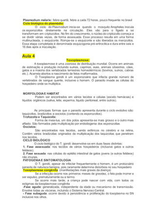 Plasmodium malarie: febre quartã, febre a cada 72 horas, pouco frequente no brasil
Ciclo biológico do plasmódio:
O ciclo do Plasmodium inicia-se quando o mosquito Anopheles inocula
os esporozoítos diretamente na circulação. Eles vão para o fígado e se
transformam em criptozoítos. No fim do crescimento, o núcleo do criptozoíto começa a
se dividir várias vezes, de forma assexuada. Esse processo resulta em uma forma
multinucleada, o esquizonte. Rompe-se o esquizonte e são liberados os merozoítos.
Essa etapa completada é denominada esquizogonia pré-eritrocítica e dura entre seis e
16 dias após a inoculação.
Aula 4
Toxoplasmose:
A toxoplasmose é uma zoonose de distribuição mundial. Ocorre em animais
de estimação e produção incluindo suínos, caprinos, aves, animais silvestres, cães,
gatos e a maioria dos vertebrados terrestres homeotérmicos (bovinos, suínos, cabras
etc.). Acarreta abortos e nascimento de fetos malformados.
O Toxoplasma gondii é um esporozoário que infecta grande número de
vertebrados de sangue quente, inclusive o homem. O parasito invade as células do
hospedeiro onde se multiplica.
MORFOLOGIAE HABITAT
Podem ser encontrados em vários tecidos e células (exceto hemácias) e
líquidos orgânicos (saliva, leite, esperma, líquido peritoneal, entre outros).
As principais formas que o parasito apresenta durante o ciclo evolutivo são:
taquizoítos, bradizoítos e oocistos (contendo os esporozoítos).
Trofozoíta e Taquizoíta:
Forma de meia-lua, um dos polos apresenta-se mais grosso e o outro mais
afilado. São formados pela multiplicação por endodiogenia dos esporozoítas
Oocistos:
São encontrados nos tecidos, sendo esféricos no cérebro e na retina,
Contêm vários bradizoítas originados da multiplicação dos taquizoitas que penetram
nos tecidos.
CICLO BIOLÓGICO
O ciclo biológico do T. gondii desenvolve-se em duas fases distintas:
1. Fase assexuada: nos tecidos de vários hospedeiros (inclusive gatos e outros
felídeos);
2. Fase sexuada: nas células do epitélio intestinal de gatos jovens (e outros felídeos)
não imunes.
PATOGENIAE SINTOMATOLOGIA
O T. gondii, apesar de infectar frequentemente o homem, é um protozoário
parasita de natureza benigna, pois raramente determina distúrbios no seu hospedeiro
Toxoplasmose congênita (manifestações mais graves da doença)
Se a infecção ocorre nos primeiros meses de gravidez, o feto pode morrer e
ser expulso, prematuramente ou a termo.
Se ocorre mais tarde, a criança pode nascer com vida, com todos os
estigmas da toxoplasmose congênita
-Fase aguda: generalizada, independente da idade ou mecanismo de transmissão.
Envolve todas as vísceras, incluindo o Sistema Nervoso Central.
- Fase subaguda: ocorre devido à persistência e proliferação do toxoplasma no SN
inclusive nos olhos.
 