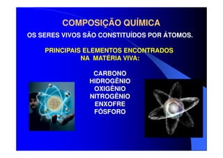 COMPOSIÇÃO QUÍMICA
OS SERES VIVOS SÃO CONSTITUÍDOS POR ÁTOMOS.
PRINCIPAIS ELEMENTOS ENCONTRADOS
NA MATÉRIA VIVA:
CARBONO
HIDROGÊNIO
OXIGÊNIO
NITROGÊNIO
ENXOFRE
FÓSFORO

 