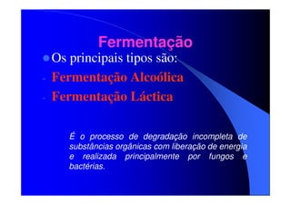 Fermentação

Os principais tipos são:
- Fermentação Alcoólica
- Fermentação Láctica

É o processo de degradação incompleta de
substâncias orgânicas com liberação de energia
e realizada principalmente por fungos e
bactérias.

 