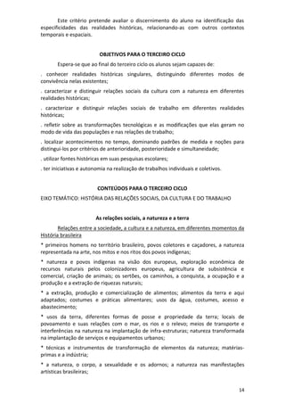 14
Este critério pretende avaliar o discernimento do aluno na identificação das
especificidades das realidades históricas, relacionando-as com outros contextos
temporais e espaciais.
OBJETIVOS PARA O TERCEIRO CICLO
Espera-se que ao final do terceiro ciclo os alunos sejam capazes de:
. conhecer realidades históricas singulares, distinguindo diferentes modos de
convivência nelas existentes;
. caracterizar e distinguir relações sociais da cultura com a natureza em diferentes
realidades históricas;
. caracterizar e distinguir relações sociais de trabalho em diferentes realidades
históricas;
. refletir sobre as transformações tecnológicas e as modificações que elas geram no
modo de vida das populações e nas relações de trabalho;
. localizar acontecimentos no tempo, dominando padrões de medida e noções para
distingui-los por critérios de anterioridade, posterioridade e simultaneidade;
. utilizar fontes históricas em suas pesquisas escolares;
. ter iniciativas e autonomia na realização de trabalhos individuais e coletivos.
CONTEÚDOS PARA O TERCEIRO CICLO
EIXO TEMÁTICO: HISTÓRIA DAS RELAÇÕES SOCIAIS, DA CULTURA E DO TRABALHO
As relações sociais, a natureza e a terra
Relações entre a sociedade, a cultura e a natureza, em diferentes momentos da
História brasileira
* primeiros homens no território brasileiro, povos coletores e caçadores, a natureza
representada na arte, nos mitos e nos ritos dos povos indígenas;
* natureza e povos indígenas na visão dos europeus, exploração econômica de
recursos naturais pelos colonizadores europeus, agricultura de subsistência e
comercial, criação de animais; os sertões, os caminhos, a conquista, a ocupação e a
produção e a extração de riquezas naturais;
* a extração, produção e comercialização de alimentos; alimentos da terra e aqui
adaptados; costumes e práticas alimentares; usos da água, costumes, acesso e
abastecimento;
* usos da terra, diferentes formas de posse e propriedade da terra; locais de
povoamento e suas relações com o mar, os rios e o relevo; meios de transporte e
interferências na natureza na implantação de infra-estruturas; natureza transformada
na implantação de serviços e equipamentos urbanos;
* técnicas e instrumentos de transformação de elementos da natureza; matérias-
primas e a indústria;
* a natureza, o corpo, a sexualidade e os adornos; a natureza nas manifestações
artísticas brasileiras;
 