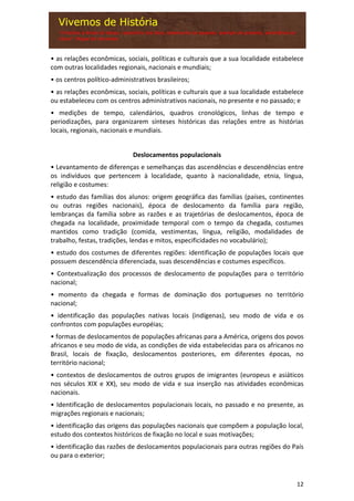 12
• as relações econômicas, sociais, políticas e culturais que a sua localidade estabelece
com outras localidades regionais, nacionais e mundiais;
• os centros político-administrativos brasileiros;
• as relações econômicas, sociais, políticas e culturais que a sua localidade estabelece
ou estabeleceu com os centros administrativos nacionais, no presente e no passado; e
• medições de tempo, calendários, quadros cronológicos, linhas de tempo e
periodizações, para organizarem sínteses históricas das relações entre as histórias
locais, regionais, nacionais e mundiais.
Deslocamentos populacionais
• Levantamento de diferenças e semelhanças das ascendências e descendências entre
os indivíduos que pertencem à localidade, quanto à nacionalidade, etnia, língua,
religião e costumes:
• estudo das famílias dos alunos: origem geográfica das famílias (países, continentes
ou outras regiões nacionais), época de deslocamento da família para região,
lembranças da família sobre as razões e as trajetórias de deslocamentos, época de
chegada na localidade, proximidade temporal com o tempo da chegada, costumes
mantidos como tradição (comida, vestimentas, língua, religião, modalidades de
trabalho, festas, tradições, lendas e mitos, especificidades no vocabulário);
• estudo dos costumes de diferentes regiões: identificação de populações locais que
possuem descendência diferenciada, suas descendências e costumes específicos.
• Contextualização dos processos de deslocamento de populações para o território
nacional;
• momento da chegada e formas de dominação dos portugueses no território
nacional;
• identificação das populações nativas locais (indígenas), seu modo de vida e os
confrontos com populações européias;
• formas de deslocamentos de populações africanas para a América, origens dos povos
africanos e seu modo de vida, as condições de vida estabelecidas para os africanos no
Brasil, locais de fixação, deslocamentos posteriores, em diferentes épocas, no
território nacional;
• contextos de deslocamentos de outros grupos de imigrantes (europeus e asiáticos
nos séculos XIX e XX), seu modo de vida e sua inserção nas atividades econômicas
nacionais.
• Identificação de deslocamentos populacionais locais, no passado e no presente, as
migrações regionais e nacionais;
• identificação das origens das populações nacionais que compõem a população local,
estudo dos contextos históricos de fixação no local e suas motivações;
• identificação das razões de deslocamentos populacionais para outras regiões do País
ou para o exterior;
 
