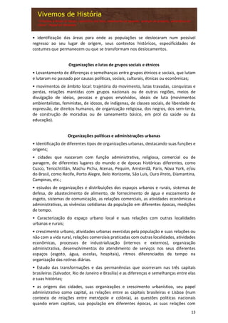 13
• identificação das áreas para onde as populações se deslocaram num possível
regresso ao seu lugar de origem, seus contextos históricos, especificidades de
costumes que permanecem ou que se transformam nos deslocamentos.
Organizações e lutas de grupos sociais e étnicos
• Levantamento de diferenças e semelhanças entre grupos étnicos e sociais, que lutam
e lutaram no passado por causas políticas, sociais, culturais, étnicas ou econômicas;
• movimentos de âmbito local: trajetória do movimento, lutas travadas, conquistas e
perdas, relações mantidas com grupos nacionais ou de outras regiões, meios de
divulgação de ideias, pessoas e grupos envolvidos, ideais de luta (movimentos
ambientalistas, feministas, de idosos, de indígenas, de classes sociais, de liberdade de
expressão, de direitos humanos, de organização religiosa, dos negros, dos sem-terra,
de construção de moradias ou de saneamento básico, em prol da saúde ou da
educação).
Organizações políticas e administrações urbanas
• Identificação de diferentes tipos de organizações urbanas, destacando suas funções e
origens;
• cidades que nasceram com função administrativa, religiosa, comercial ou de
paragem, de diferentes lugares do mundo e de épocas históricas diferentes, como
Cuzco, Tenochtitlán, Machu Pichu, Atenas, Pequim, Amsterdã, Paris, Nova York, e/ou
do Brasil, como Recife, Porto Alegre, Belo Horizonte, São Luís, Ouro Preto, Diamantina,
Campinas, etc.;
• estudos de organizações e distribuições dos espaços urbanos e rurais, sistemas de
defesa, de abastecimento de alimento, de fornecimento de água e escoamento de
esgoto, sistemas de comunicação, as relações comerciais, as atividades econômicas e
administrativas, as vivências cotidianas da população em diferentes épocas, medições
de tempo.
• Caracterização do espaço urbano local e suas relações com outras localidades
urbanas e rurais;
• crescimento urbano, atividades urbanas exercidas pela população e suas relações ou
não com a vida rural, relações comerciais praticadas com outras localidades, atividades
econômicas, processos de industrialização (internos e externos), organização
administrativa, desenvolvimentos do atendimento de serviços nos seus diferentes
espaços (esgoto, água, escolas, hospitais), ritmos diferenciados de tempo na
organização das rotinas diárias.
• Estudo das transformações e das permanências que ocorreram nas três capitais
brasileiras (Salvador, Rio de Janeiro e Brasília) e as diferenças e semelhanças entre elas
e suas histórias;
• as origens das cidades, suas organizações e crescimento urbanístico, seu papel
administrativo como capital, as relações entre as capitais brasileiras e Lisboa (num
contexto de relações entre metrópole e colônia), as questões políticas nacionais
quando eram capitais, sua população em diferentes épocas, as suas relações com
 