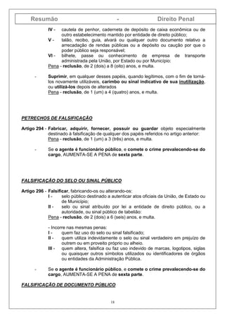 Resumão - Direito Penal
18
IV - cautela de penhor, caderneta de depósito de caixa econômica ou de
outro estabelecimento mantido por entidade de direito público;
V - talão, recibo, guia, alvará ou qualquer outro documento relativo a
arrecadação de rendas públicas ou a depósito ou caução por que o
poder público seja responsável;
VI - bilhete, passe ou conhecimento de empresa de transporte
administrada pela União, por Estado ou por Município:
Pena - reclusão, de 2 (dois) a 8 (oito) anos, e multa.
- Suprimir, em qualquer desses papéis, quando legítimos, com o fim de torná-
los novamente utilizáveis, carimbo ou sinal indicativo de sua inutilização,
ou utilizá-los depois de alterados
Pena - reclusão, de 1 (um) a 4 (quatro) anos, e multa.
PETRECHOS DE FALSIFICAÇÃO
Artigo 294 - Fabricar, adquirir, fornecer, possuir ou guardar objeto especialmente
destinado à falsificação de qualquer dos papéis referidos no artigo anterior:
Pena - reclusão, de 1 (um) a 3 (três) anos, e multa.
- Se o agente é funcionário público, e comete o crime prevalecendo-se do
cargo, AUMENTA-SE A PENA de sexta parte.
FALSIFICAÇÃO DO SELO OU SINAL PÚBLICO
Artigo 296 - Falsificar, fabricando-os ou alterando-os:
I - selo público destinado a autenticar atos oficiais da União, de Estado ou
de Município;
II - selo ou sinal atribuído por lei a entidade de direito público, ou a
autoridade, ou sinal público de tabelião:
Pena - reclusão, de 2 (dois) a 6 (seis) anos, e multa.
- Incorre nas mesmas penas:
I - quem faz uso do selo ou sinal falsificado;
II - quem utiliza indevidamente o selo ou sinal verdadeiro em prejuízo de
outrem ou em proveito próprio ou alheio.
III - quem altera, falsifica ou faz uso indevido de marcas, logotipos, siglas
ou quaisquer outros símbolos utilizados ou identificadores de órgãos
ou entidades da Administração Pública.
- Se o agente é funcionário público, e comete o crime prevalecendo-se do
cargo, AUMENTA-SE A PENA de sexta parte.
FALSIFICAÇÃO DE DOCUMENTO PÚBLICO
 