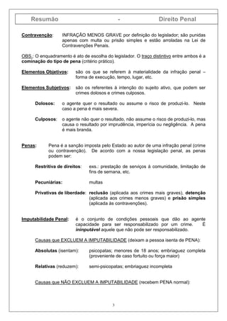 Resumão - Direito Penal
3
Contravenção: INFRAÇÃO MENOS GRAVE por definição do legislador; são punidas
apenas com multa ou prisão simples e estão arroladas na Lei de
Contravenções Penais.
OBS.: O enquadramento é ato de escolha do legislador. O traço distintivo entre ambos é a
cominação do tipo de pena (critério prático).
Elementos Objetivos: são os que se referem à materialidade da infração penal –
forma de execução, tempo, lugar, etc.
Elementos Subjetivos: são os referentes à intenção do sujeito ativo, que podem ser
crimes dolosos e crimes culposos.
Dolosos: o agente quer o resultado ou assume o risco de produzi-lo. Neste
caso a pena é mais severa.
Culposos: o agente não quer o resultado, não assume o risco de produzi-lo, mas
causa o resultado por imprudência, imperícia ou negligência. A pena
é mais branda.
Penas: Pena é a sanção imposta pelo Estado ao autor de uma infração penal (crime
ou contravenção). De acordo com a nossa legislação penal, as penas
podem ser:
Restritiva de direitos: exs.: prestação de serviços à comunidade, limitação de
fins de semana, etc.
Pecuniárias: multas
Privativas de liberdade: reclusão (aplicada aos crimes mais graves), detenção
(aplicada aos crimes menos graves) e prisão simples
(aplicada às contravenções).
Imputabilidade Penal: é o conjunto de condições pessoais que dão ao agente
capacidade para ser responsabilizado por um crime. É
ininputável aquele que não pode ser responsabilizado.
Causas que EXCLUEM A IMPUTABILIDADE (deixam a pessoa isenta de PENA):
Absolutas (isentam): psicopatas; menores de 18 anos; embriaguez completa
(proveniente de caso fortuito ou força maior)
Relativas (reduzem): semi-psicopatas; embriaguez incompleta
Causas que NÃO EXCLUEM A IMPUTABILIDADE (recebem PENA normal):
 