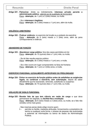 Resumão - Direito Penal
30
Artigo 321 - Patrocinar, direta ou indiretamente, interesse privado perante a
administração pública, valendo-se da qualidade de funcionário:
Pena - detenção, de 1 (um) a 3 (três) meses, ou multa.
- Se o interesse é ilegítimo:
Pena - detenção, de 3 (três) meses a 1 (um) ano, além da multa.
VIOLÊNCIA ARBITRÁRIA
Artigo 322 - Praticar violência, no exercício de função ou a pretexto de exercê-la:
Pena - detenção, de 6 (seis) meses a 3 (três) anos, além da pena
correspondente à violência.
ABANDONO DE FUNÇÃO
Artigo 323 - Abandonar cargo público, fora dos casos permitidos em lei:
Pena - detenção, de 15 (quinze) dias a 1 (um) mês, ou multa.
- Se do fato resulta prejuízo público:
Pena - detenção, de 3 (três) meses a 1 (um) ano, e multa.
- Se o fato ocorre em lugar compreendido na faixa de fronteira:
Pena - detenção, de 1 (um) a 3 (três) anos, e multa.
EXERCÍCIO FUNCIONAL ILEGALMENTE ANTECIPADO OU PROLONGADO
Artigo 324 - Entrar no exercício de função pública antes de satisfeitas as exigências
legais, ou continuar a exercê-la, sem autorização, depois de saber
oficialmente que foi exonerado, removido, substituído ou suspenso:
Pena - detenção, de 15 (quinze) dias a 1 (um) mês, ou multa.
VIOLAÇÃO DE SIGILO FUNCIONAL
Artigo 325 - Revelar fato de que tem ciência em razão do cargo e que deva
permanecer em segredo, ou facilitar-lhe a revelação:
Pena - detenção, de 6 (seis) meses a 2 (dois) anos, ou multa, se o fato não
constitui crime mais grave.
- Nas mesmas penas deste artigo incorre quem:
I – permite ou facilita, mediante atribuição, fornecimento e empréstimo de
senha ou qualquer outra forma, o acesso de pessoas não autorizadas
a sistemas de informações ou banco de dados da Administração
Pública;
 