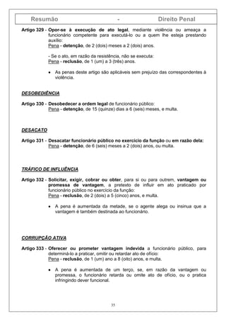 Resumão - Direito Penal
35
Artigo 329 - Opor-se à execução de ato legal, mediante violência ou ameaça a
funcionário competente para executá-lo ou a quem lhe esteja prestando
auxílio:
Pena - detenção, de 2 (dois) meses a 2 (dois) anos.
- Se o ato, em razão da resistência, não se executa:
Pena - reclusão, de 1 (um) a 3 (três) anos.
•••• As penas deste artigo são aplicáveis sem prejuízo das correspondentes à
violência.
DESOBEDIÊNCIA
Artigo 330 - Desobedecer a ordem legal de funcionário público:
Pena - detenção, de 15 (quinze) dias a 6 (seis) meses, e multa.
DESACATO
Artigo 331 - Desacatar funcionário público no exercício da função ou em razão dela:
Pena - detenção, de 6 (seis) meses a 2 (dois) anos, ou multa.
TRÁFICO DE INFLUÊNCIA
Artigo 332 - Solicitar, exigir, cobrar ou obter, para si ou para outrem, vantagem ou
promessa de vantagem, a pretexto de influir em ato praticado por
funcionário público no exercício da função:
Pena - reclusão, de 2 (dois) a 5 (cinco) anos, e multa.
•••• A pena é aumentada da metade, se o agente alega ou insinua que a
vantagem é também destinada ao funcionário.
CORRUPÇÃO ATIVA
Artigo 333 - Oferecer ou prometer vantagem indevida a funcionário público, para
determiná-lo a praticar, omitir ou retardar ato de ofício:
Pena - reclusão, de 1 (um) ano a 8 (oito) anos, e multa.
•••• A pena é aumentada de um terço, se, em razão da vantagem ou
promessa, o funcionário retarda ou omite ato de ofício, ou o pratica
infringindo dever funcional.
 