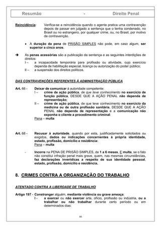 Resumão - Direito Penal
46
Reincidência: Verifica-se a reincidência quando o agente pratica uma contravenção
depois de passar em julgado a sentença que o tenha condenado, no
Brasil ou no estrangeiro, por qualquer crime, ou, no Brasil, por motivo
de contravenção.
•••• A duração da pena de PRISÃO SIMPLES não pode, em caso algum, ser
superior a cinco anos.
As penas acessórias são a publicação da sentença e as seguintes interdições de
direitos:
I – a incapacidade temporária para profissão ou atividade, cujo exercício
dependa de habilitação especial, licença ou autorização do poder público;
lI – a suspensão dos direitos políticos.
DAS CONTRAVENÇÕES REFERENTES À ADMINISTRAÇÃO PÚBLICA
Art. 66 - Deixar de comunicar à autoridade competente:
I – crime de ação pública, de que teve conhecimento no exercício de
função pública, DESDE QUE A AÇÃO PENAL não dependa de
representação;
II – crime de ação pública, de que teve conhecimento no exercício da
medicina ou de outra profissão sanitária, DESDE QUE A AÇÃO
PENAL não dependa de representação e a comunicação não
exponha o cliente a procedimento criminal:
Pena – multa
Art. 68 - Recusar à autoridade, quando por esta, justificadamente solicitados ou
exigidos, dados ou indicações concernentes à própria identidade,
estado, profissão, domicílio e residência:
Pena – multa
- Incorre na PENA DE PRISÃO SIMPLES, de 1 a 6 meses, E multa, se o fato
não constitui infração penal mais grave, quem, nas mesmas circunstâncias,
faz declarações inverídicas a respeito de sua identidade pessoal,
estado, profissão, domicílio e residência.
8. CRIMES CONTRA A ORGANIZAÇÃO DO TRABALHO
ATENTADO CONTRA A LIBERDADE DE TRABALHO
Artigo 197 - Constranger alguém, mediante violência ou grave ameaça:
I - a exercer ou não exercer arte, ofício, profissão ou indústria, ou a
trabalhar ou não trabalhar durante certo período ou em
determinados dias:
 