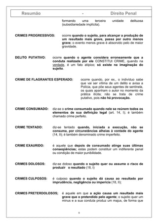 Resumão - Direito Penal
8
formando uma terceira unidade delituosa
(subsidiariedade implícita).
CRIMES PROGRESSIVOS: ocorre quando o sujeito, para alcançar a produção de
um resultado mais grave, passa por outro menos
grave; o evento menos grave é absorvido pelo de maior
gravidade.
DELITO PUTATIVO: ocorre quando o agente considera erroneamente que a
conduta realizada por ele CONSTITUI CRIME, quando na
verdade, é um fato atípico; só existe na imaginação do
sujeito.
CRIME DE FLAGRANTES ESPERADO: ocorre quando, por ex., o indivíduo sabe
que vai ser vítima de um delito e avisa a
Polícia, que põe seus agentes de sentinela,
os quais apanham o autor no momento da
prática ilícita; não se trata de crime
putativo, pois não há provocação.
CRIME CONSUMADO: diz-se o crime consumado quando nele se reúnem todos os
elementos de sua definição legal (art. 14, I); é também
chamado crime perfeito.
CRIME TENTADO: diz-se tentado quando, iniciada a execução, não se
consuma, por circunstâncias alheias à vontade do agente
(14, II); é também denominado crime imperfeito.
CRIME EXAURIDO: é aquele que depois de consumado atinge suas últimas
conseqüências; estas podem constituir um indiferente penal
ou condição de maior punibilidade.
CRIMES DOLOSOS: diz-se doloso quando o sujeito quer ou assume o risco de
produzir o resultado (18, I)
CRIMES CULPOSOS: é culposo quando o sujeito dá causa ao resultado por
imprudência, negligência ou imperícia (18, II);
CRIMES PRETERDOLOSOS; é aquele em que a ação causa um resultado mais
grave que o pretendido pelo agente; o sujeito quer um
minus e a sua conduta produz um majus, de forma que
 
