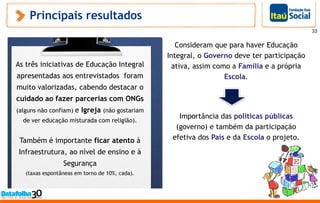 Principais resultados
33
As três iniciativas de Educação Integral
apresentadas aos entrevistados foram
muito valorizadas, cabendo destacar o
cuidado ao fazer parcerias com ONGs
(alguns não confiam) e Igreja (não gostariam
de ver educação misturada com religião).
Também é importante ficar atento à
Infraestrutura, ao nível de ensino e à
Segurança
(taxas espontâneas em torno de 10%, cada).
Consideram que para haver Educação
Integral, o Governo deve ter participação
ativa, assim como a Família e a própria
Escola.
Importância das políticas públicas
(governo) e também da participação
efetiva dos Pais e da Escola o projeto.
 