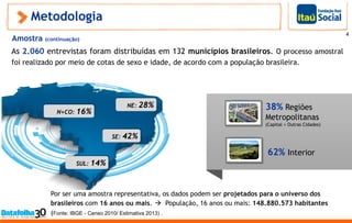 As 2.060 entrevistas foram distribuídas em 132 municípios brasileiros. O processo amostral
foi realizado por meio de cotas de sexo e idade, de acordo com a população brasileira.
Metodologia
Amostra (continuação)
4
38% Regiões
Metropolitanas
(Capital + Outras Cidades)
62% Interior
Por ser uma amostra representativa, os dados podem ser projetados para o universo dos
brasileiros com 16 anos ou mais.  População, 16 anos ou mais: 148.880.573 habitantes
(Fonte: IBGE - Censo 2010/ Estimativa 2013) .
SE: 42%
NE: 28%
N+CO: 16%
SUL: 14%
 