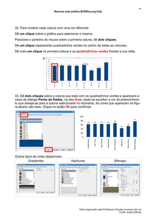 11
                            Resumo aula prática BrOffice.org Calc




32. Para mostrar cada coluna com uma cor diferente:
Dê um clique sobre o gráfico para selecionar o mesmo.
Posicione o ponteiro do mouse sobre a primeira coluna, dê dois cliques.
Dê um clique (aparecerão quadradinhos verdes no centro de todas as colunas).
Dê mais um clique na primeira coluna e os quadradinhos verdes ficarão a sua volta.




33. Dê dois cliques sobre a coluna que está com os quadradinhos verdes e aparecerá a
caixa de diálogo Ponto de Dados, na aba Área, pode-se escolher a cor do preenchimen-
to que deseja-se para a coluna selecionada no momento. As cores que aparecem na figu-
ra abaixo são lisas. Clique no botão Ok para confirmar.


                                               100
                                                                                                                                                                  77
                                                80                                                                 68
                                                       62             64            63             63
                                                60                                                                                                 53
                                                                                                                                     43
                                                40
                                                20
                                                 0
                                                                                   João Guarida




                                                                                                                                                                 Plácido Segunda
                                                                                                                                    Kátia Davis
                                                      Cláudia Nunes




                                                                                                  Jorge Antunes




                                                                                                                                                  Márcia Neves
                                                                      Davi Tenor




                                                                                                                  Júnior Mosqueta




Outros tipos de cores disponíveis.
          Gradientes                     Hachuras                                                                     Bitmaps




                                               Texto organizado pela Professora Claudia Lourenço da Luz
                                                                                    Fonte: aulas práticas
 