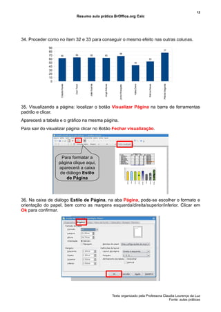 12
                                       Resumo aula prática BrOffice.org Calc




34. Proceder como no ítem 32 e 33 para conseguir o mesmo efeito nas outras colunas.
             90
                                                                                                                                   77
             80
                                                                                    68
             70     62             64            63             63
             60                                                                                                     53
             50                                                                                       43
             40
             30
             20
             10
              0


                                                João Guarida




                                                                                                                                  Plácido Segunda
                   Cláudia Nunes




                                                               Jorge Antunes




                                                                                                     Kátia Davis




                                                                                                                   Márcia Neves
                                   Davi Tenor




                                                                                   Júnior Mosqueta
35. Visualizando a página: localizar o botão Visualizar Página na barra de ferramentas
padrão e clicar.
Aparecerá a tabela e o gráfico na mesma página.
Para sair do visualizar página clicar no Botão Fechar visualização.




                    Para formatar a
                  página clique aqui,
                  aparecerá a caixa
                   de diálogo Estilo
                      de Página



36. Na caixa de diálogo Estilo de Página, na aba Página, pode-se escolher o formato e
orientação do papel, bem como as margens esquerda/direita/superior/inferior. Clicar em
Ok para confirmar.




                                                                               Texto organizado pela Professora Claudia Lourenço da Luz
                                                                                                                    Fonte: aulas práticas
 