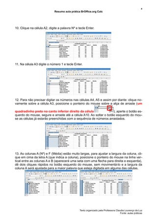 4
                             Resumo aula prática BrOffice.org Calc




10. Clique na célula A2, digite a palavra Nº e tecle Enter.




11. Na célula A3 digite o número 1 e tecle Enter.




12. Para não precisar digitar os números nas células A4, A5 e assim por diante: clique no-
vamente sobre a célula A3, posicione o ponteiro do mouse sobre a alça de arraste (um

quadradinho preto no canto inferior direito da célula               ), aperte o botão es-
querdo do mouse, segure e arraste até a célula A10. Ao soltar o botão esquerdo do mou-
se as células já estarão preenchidas com a sequência de números arrastados.




13. As colunas A (Nº) e F (Média) estão muito largas, para ajustar a largura da coluna, cli-
que em cima da letra A (que indica a coluna), posicione o ponteiro do mouse na linha ver-
tical entre as colunas A e B (aparecerá uma seta com uma flecha para direita e esquerda),
dê dois cliques rápidos no botão esquerdo do mouse, sem movimentá-lo e a largura da
coluna A será ajustada para a maior palavra que esteja digitada em alguma das células.




                                                Texto organizado pela Professora Claudia Lourenço da Luz
                                                                                     Fonte: aulas práticas
 