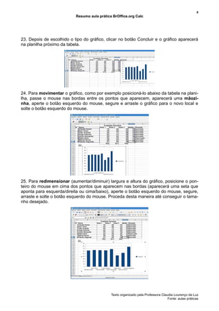 8
                           Resumo aula prática BrOffice.org Calc




23. Depois de escolhido o tipo do gráfico, clicar no botão Concluir e o gráfico aparecerá
na planilha próximo da tabela.




24. Para movimentar o gráfico, como por exemplo posicioná-lo abaixo da tabela na plani-
lha, passe o mouse nas bordas entre os pontos que aparecem, aparecerá uma mãozi-
nha, aperte o botão esquerdo do mouse, segure e arraste o gráfico para o novo local e
solte o botão esquerdo do mouse.




25. Para redimensionar (aumentar/diminuir) largura e altura do gráfico, posicione o pon-
teiro do mouse em cima dos pontos que aparecem nas bordas (aparecerá uma seta que
aponta para esquerda/direita ou cima/baixo), aperte o botão esquerdo do mouse, segure,
arraste e solte o botão esquerdo do mouse. Proceda desta maneira até conseguir o tama-
nho desejado.




                                              Texto organizado pela Professora Claudia Lourenço da Luz
                                                                                   Fonte: aulas práticas
 