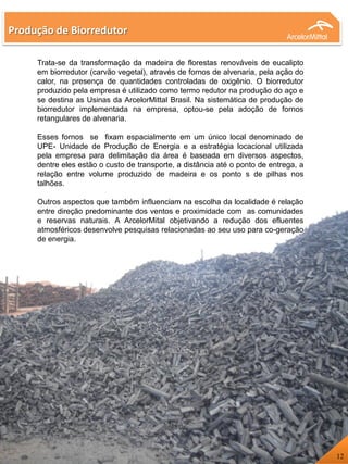 Trata-se da transformação da madeira de florestas renováveis de eucalipto
em biorredutor (carvão vegetal), através de fornos de alvenaria, pela ação do
calor, na presença de quantidades controladas de oxigênio. O biorredutor
produzido pela empresa é utilizado como termo redutor na produção do aço e
se destina as Usinas da ArcelorMittal Brasil. Na sistemática de produção de
biorredutor implementada na empresa, optou-se pela adoção de fornos
retangulares de alvenaria.
Esses fornos se fixam espacialmente em um único local denominado de
UPE- Unidade de Produção de Energia e a estratégia locacional utilizada
pela empresa para delimitação da área é baseada em diversos aspectos,
dentre eles estão o custo de transporte, a distância até o ponto de entrega, a
relação entre volume produzido de madeira e os ponto s de pilhas nos
talhões.
Outros aspectos que também influenciam na escolha da localidade é relação
entre direção predominante dos ventos e proximidade com as comunidades
e reservas naturais. A ArcelorMital objetivando a redução dos efluentes
atmosféricos desenvolve pesquisas relacionadas ao seu uso para co-geração
de energia.
Produção de Biorredutor
12
 