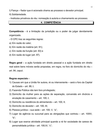 I) Fiança – fiador que é acionado chama ao processo o devedor principal;
II) Solidariedade.
- Institutos privativos do réu: nomeação à autoria e chamamento ao processo.
4. COMPETÊNCIA
Competência - é a limitação da jurisdição ou o poder de julgar devidamente
organizado.
- O CPC traz as seguintes regras:
a) Em razão do valor;
b) Em razão da matéria (art. 91);
c) Em razão da função (art. 93) e
d) Em razão do lugar (art. 97).
Regra geral – a ação fundada em direito pessoal e a ação fundada em direito
real sobre bens móveis serão propostas, em regra, no foro do domicílio do réu –
art. 94, caput.
Regras especiais -
1) Causas em que a União for autora, ré ou interveniente – será o foro da Capital
do Estado – art. 99, I;
2) Fazenda Pública não tem foro privilegiado;
3) Domicílio da mulher para as ações de separação, conversão em divórcio e
anulação de casamento – art. 100, I;
4) Domicílio ou residência do alimentando – art. 100, II;
5) Domicílio do devedor – art. 100, III;
6) Pessoa jurídica – sua sede – art. 100, V, “a”;
7) Lugar da agência ou sucursal para as obrigações que contraiu – art. 100IV,
“b”;
8) Lugar que exerce atividade principal quando a ré for sociedade de carece de
personalidade jurídica – art. 100,IV, “c”;
12
 