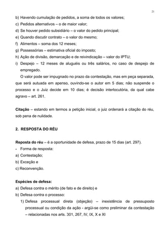b) Havendo cumulação de pedidos, a soma de todos os valores;
c) Pedidos alternativos – o de maior valor;
d) Se houver pedido subsidiário – o valor do pedido principal;
e) Quando discutir contrato – o valor do mesmo;
f) Alimentos – soma dos 12 meses;
g) Possessórias – estimativa oficial do imposto;
h) Ação de divisão, demarcação e de reivindicação – valor do IPTU;
i) Despejo – 12 meses de aluguéis ou três salários, no caso de despejo de
empregado.
O valor pode ser impugnado no prazo da contestação, mas em peça separada,
que será autuada em apenso, ouvindo-se o autor em 5 dias; não suspende o
processo e o Juiz decide em 10 dias; é decisão interlocutória, da qual cabe
agravo – art. 261.
Citação – estando em termos a petição inicial, o juiz ordenará a citação do réu,
sob pena de nulidade.
2. RESPOSTA DO RÉU
Reposta do réu – é a oportunidade de defesa, prazo de 15 dias (art. 297).
- Forma de resposta:
a) Contestação;
b) Exceção e
c) Reconvenção.
Espécies de defesa:
a) Defesa contra o mérito (de fato e de direito) e
b) Defesa contra o processo:
1) Defesa processual direta (objeção) – inexistência de pressuposto
processual ou condição da ação - argüi-se como preliminar da contestação
– relacionadas nos arts. 301, 267, IV, IX, X e XI
21
 