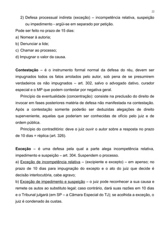 2) Defesa processual indireta (exceção) – incompetência relativa, suspeição
ou impedimento - argüi-se em separado por petição.
Pode ser feito no prazo de 15 dias:
a) Nomear à autoria;
b) Denunciar a lide;
c) Chamar ao processo;
d) Impugnar o valor da causa.
Contestação – é o instrumento formal normal da defesa do réu, devem ser
impugnados todos os fatos arrolados pelo autor, sob pena de se presumirem
verdadeiros os não impugnados – art. 302, salvo o advogado dativo, curador
especial e o MP que podem contestar por negativa geral.
Princípio da eventualidade (concentração): consiste na preclusão do direito de
invocar em fases posteriores matéria de defesa não manifestada na contestação.
Após a contestação somente poderão ser deduzidas alegações de direito
superveniente, aquelas que poderiam ser conhecidas de ofício pelo juiz e de
ordem pública.
Princípio do contraditório: deve o juiz ouvir o autor sobre a resposta no prazo
de 10 dias = réplica (art. 326).
Exceção – é uma defesa pela qual a parte alega incompetência relativa,
impedimento e suspeição – art. 304. Suspendem o processo.
a) Exceção de incompetência relativa – (excipiente e excepto) – em apenso; no
prazo de 10 dias para impugnação do excepto e o ato do juiz que decide é
decisão interlocutória, cabe agravo;
b) Exceção de impedimento e suspeição – o juiz pode reconhecer a sua causa e
remete os autos ao substituto legal; caso contrário, dará suas razões em 10 dias
e o Tribunal julgará (em SP – a Câmara Especial do TJ); se acolhida a exceção, o
juiz é condenado às custas.
22
 