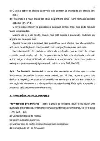 c) O aviso sobre os efeitos da revelia não constar do mandado de citação (art.
285);
d) Réu preso e o revel citado por edital ou por hora certa – será nomeado curador
especial (art. 9º, II).
O revel pode intervir no processo a qualquer tempo, mas, não pode renovar
fases já superadas.
Matéria de lei e de direito, porém, não está sujeita a preclusão, podendo ser
argüida em qualquer fase.
Apesar da revelia é possível fase probatória, seus efeitos não são absolutos,
sob pena de violação do princípio da livre investigação da prova pelo Juiz.
Reconhecimento do pedido – difere da confissão que é meio de prova,
consiste na admissão, pelo réu, da procedência de fato e de direito da pretensão
autor, exige a disponibilidade do direito e a capacidade plena das partes –
extingue o processo com julgamento do mérito – arts. 269, II e 329.
Ação Declaratória Incidental – se o réu contestar o direito que constitui
fundamento do pedido do autor, este poderá, em 10 dias, requerer que o Juiz
decida a respeito, declarando tal questão na sentença e em caráter prejudicial
(ex. ação de alimentos e o réu questiona a paternidade). Esta ação suspende o
processo pelo prazo máximo de um ano.
3. PROVIDÊNCIAS PRELIMINARES
Providências preliminares – após o prazo de resposta deve o juiz fazer uma
avaliação do processo, ordenando certas providências preliminares, se for o caso
– Art. 323. Ex.:
a) Conceder direito de réplica;
b) Suprir nulidades sanáveis;
c) Mandar que as partes indiquem as provas desejadas;
d) Intimação do MP se for o caso.
24
 