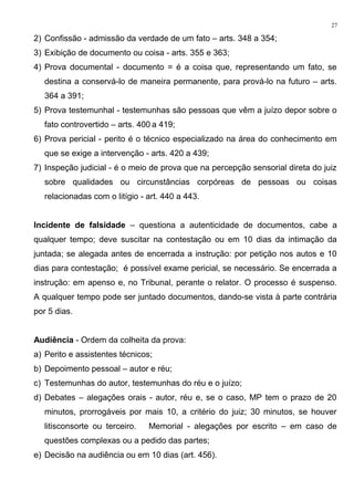 2) Confissão - admissão da verdade de um fato – arts. 348 a 354;
3) Exibição de documento ou coisa - arts. 355 e 363;
4) Prova documental - documento = é a coisa que, representando um fato, se
destina a conservá-lo de maneira permanente, para prová-lo na futuro – arts.
364 a 391;
5) Prova testemunhal - testemunhas são pessoas que vêm a juízo depor sobre o
fato controvertido – arts. 400 a 419;
6) Prova pericial - perito é o técnico especializado na área do conhecimento em
que se exige a intervenção - arts. 420 a 439;
7) Inspeção judicial - é o meio de prova que na percepção sensorial direta do juiz
sobre qualidades ou circunstâncias corpóreas de pessoas ou coisas
relacionadas com o litígio - art. 440 a 443.
Incidente de falsidade – questiona a autenticidade de documentos, cabe a
qualquer tempo; deve suscitar na contestação ou em 10 dias da intimação da
juntada; se alegada antes de encerrada a instrução: por petição nos autos e 10
dias para contestação; é possível exame pericial, se necessário. Se encerrada a
instrução: em apenso e, no Tribunal, perante o relator. O processo é suspenso.
A qualquer tempo pode ser juntado documentos, dando-se vista à parte contrária
por 5 dias.
Audiência - Ordem da colheita da prova:
a) Perito e assistentes técnicos;
b) Depoimento pessoal – autor e réu;
c) Testemunhas do autor, testemunhas do réu e o juízo;
d) Debates – alegações orais - autor, réu e, se o caso, MP tem o prazo de 20
minutos, prorrogáveis por mais 10, a critério do juiz; 30 minutos, se houver
litisconsorte ou terceiro. Memorial - alegações por escrito – em caso de
questões complexas ou a pedido das partes;
e) Decisão na audiência ou em 10 dias (art. 456).
27
 