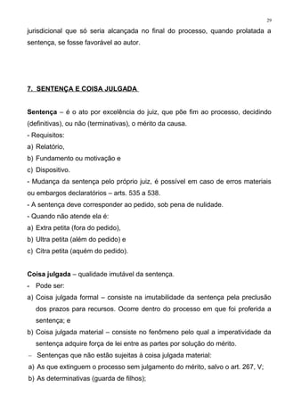 jurisdicional que só seria alcançada no final do processo, quando prolatada a
sentença, se fosse favorável ao autor.
7. SENTENÇA E COISA JULGADA
Sentença – é o ato por excelência do juiz, que põe fim ao processo, decidindo
(definitivas), ou não (terminativas), o mérito da causa.
- Requisitos:
a) Relatório,
b) Fundamento ou motivação e
c) Dispositivo.
- Mudança da sentença pelo próprio juiz, é possível em caso de erros materiais
ou embargos declaratórios – arts. 535 a 538.
- A sentença deve corresponder ao pedido, sob pena de nulidade.
- Quando não atende ela é:
a) Extra petita (fora do pedido),
b) Ultra petita (além do pedido) e
c) Citra petita (aquém do pedido).
Coisa julgada – qualidade imutável da sentença.
- Pode ser:
a) Coisa julgada formal – consiste na imutabilidade da sentença pela preclusão
dos prazos para recursos. Ocorre dentro do processo em que foi proferida a
sentença; e
b) Coisa julgada material – consiste no fenômeno pelo qual a imperatividade da
sentença adquire força de lei entre as partes por solução do mérito.
– Sentenças que não estão sujeitas à coisa julgada material:
a) As que extinguem o processo sem julgamento do mérito, salvo o art. 267, V;
b) As determinativas (guarda de filhos);
29
 