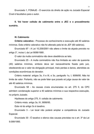 Enunciado 1, FONAJE - O exercício do direito de ação no Juizado Especial
Cível é facultativo para o autor.
II. Vai haver colisão de cabimento entre o JEC e o procedimento
sumário.
III. Cabimento
Critério valorativo - Processo de conhecimento e execução até 40 salários
mínimos. Este critério valorativo não foi alterado pela lei do JEF (60 salários).
Enunciado 87 - A Lei 10.259/2001 não altera o limite da alçada previsto no
artigo 3°, inciso I, da Lei 9099/1995 .
O valor da multa cominatória não deve obediência ao teto.
Enunciado 25 - A multa cominatória não fica limitada ao valor de quarenta
(40) salários mínimos, embora deva ser razoavelmente fixada pelo juiz,
obedecendo-se o valor da obrigação principal, mais perdas e danos, atendidas as
condições econômicas do devedor.
Critério material: artigos 3o, II e III, e 3o, parágrafo 1o, I, 9099/95. Não há
limite de valor. Portanto, não se pode falar que juizado só julga causa de valor de
até 40 salários mínimos.
Enunciado 58 - As causas cíveis enumeradas no art. 275 II, do CPC
admitem condenação superior a 40 salários mínimos e sua respectiva execução,
no próprio Juizado.
Hipóteses do artigo 275, II: colisão de cabimento.
Critério misto: artigo 3o, IV, 9099/95.
Este rol do artigo 3o é taxativo.
Enunciado 3 - Lei local não poderá ampliar a competência do Juizado
Especial.
Enunciado 30 - É taxativo o elenco das causas previstas na o art. 3º da Lei
9.099/1995.
33
 